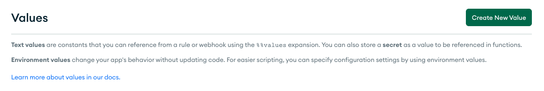 Create New Value button in App Services Value Tab