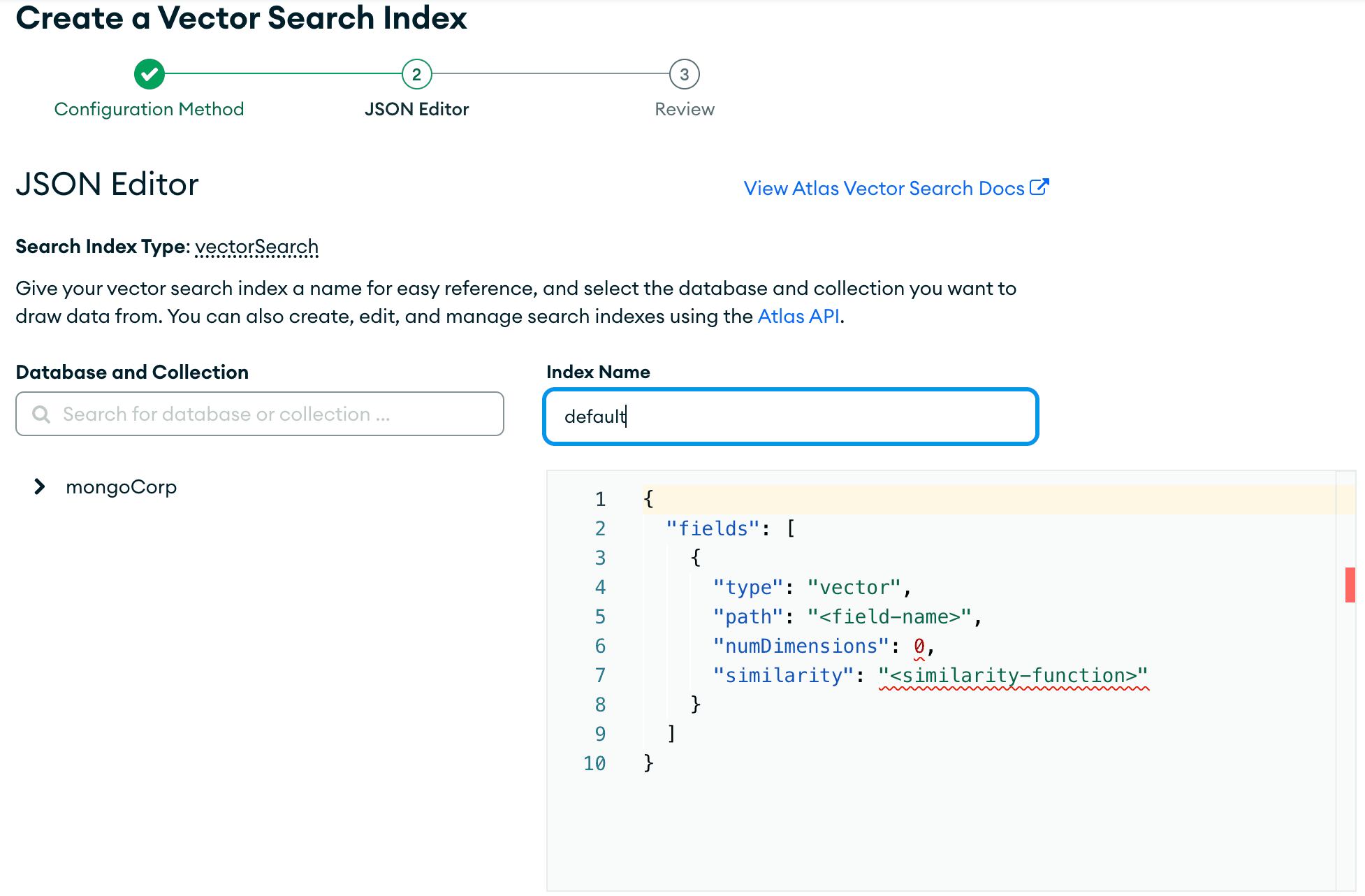 Search Index Configuration JSON Editor with arrows pointing at the Database and Collection name as well as the JSON editor