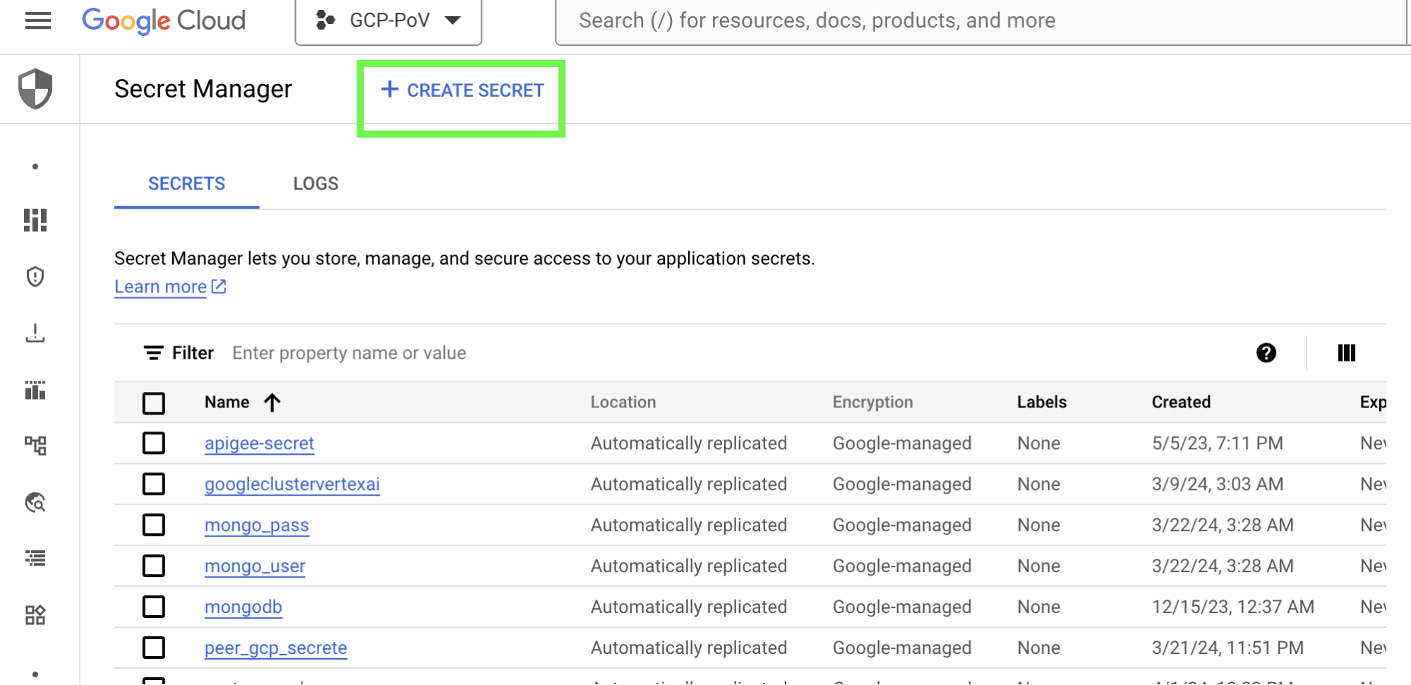 Creating secret on Google Cloud console